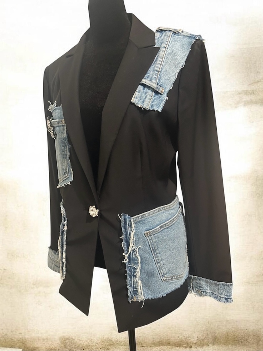 Black Blazer with Denim Patchwork and Crystal Brooches - Picture 6 of 6